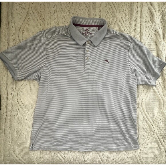 Tommy Bahama Men’s Light Gray Striped Short Sleeve Polo Maroon Marlin Size 3XL - Picture 1 of 10